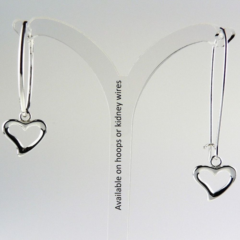 Sterling silver earrings with 11mm open hearts, on either hoop or kidney wires, in a gift box