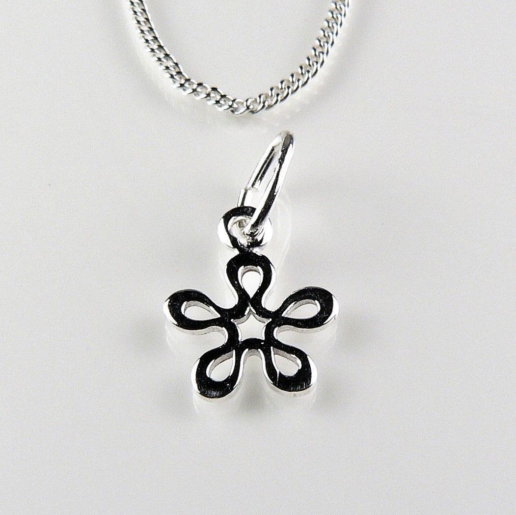 Sterling silver 7mm open flower necklace on either a 16" or 18" fine curb chain, in a gift box, with polishing cloth