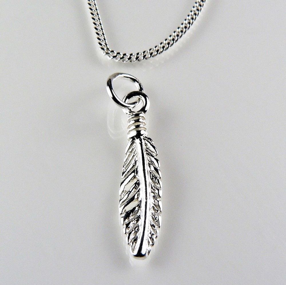 Sterling silver 17mm feather pendant, with/out 16" or 18" fine curb chain, in a gift box, with silver polishing cloth