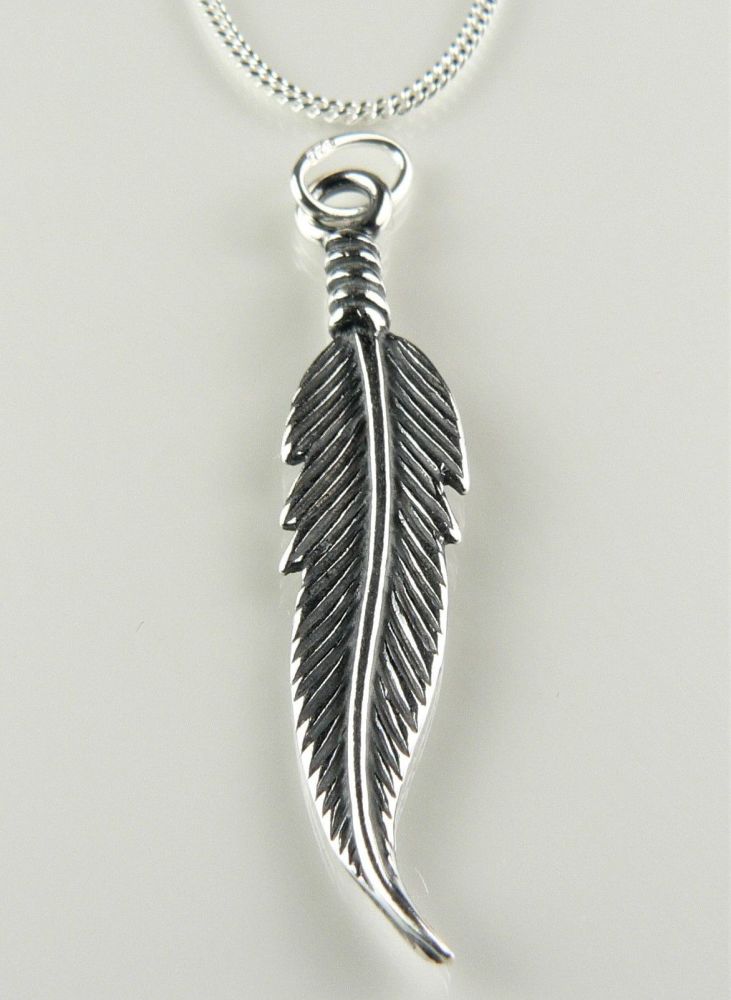 Oxidized sterling silver 33mm feather pendant, with/out 16" or 18" fine curb chain, in a gift box, silver polishing cloth