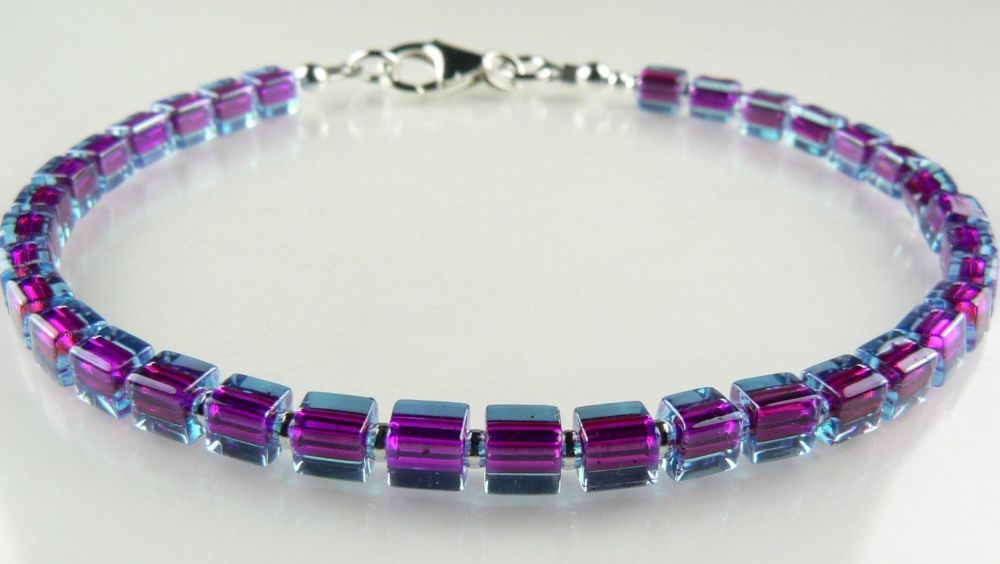 Sterling silver & Miyuki glass cube beaded bracelet with lobster clasp - blue/purple colour lined