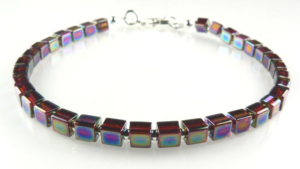 Sterling silver & Miyuki glass cube beaded bracelet with lobster clasp - rainbow dark amber