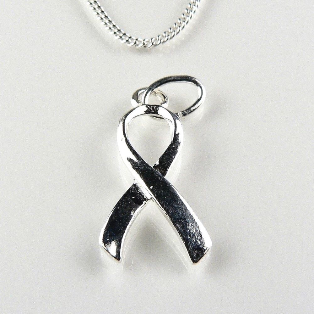 Sterling silver 17mm Awareness Ribbon pendant, with/out 16" or 18" fine curb chain, in a gift box