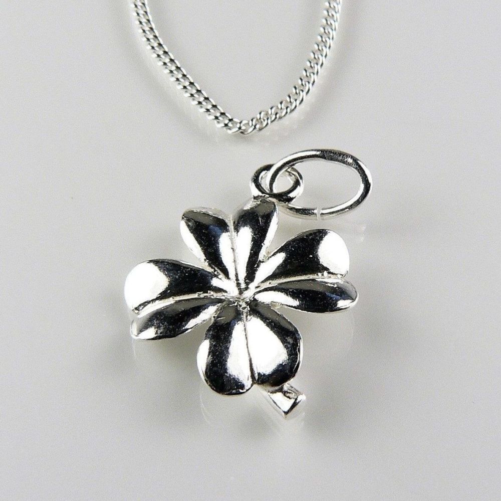 Sterling silver 14mm lucky clover pendant, with/out 16" or 18" fine curb chain, in a gift box