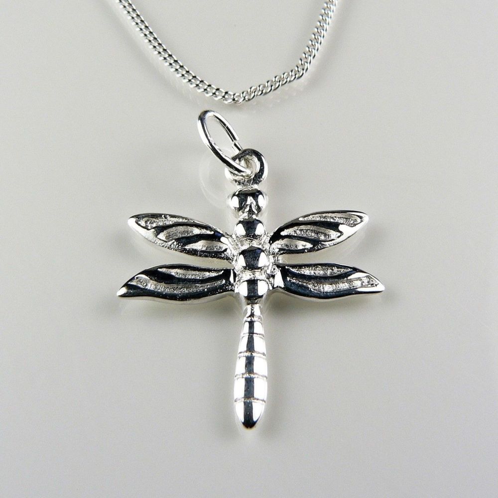 Sterling silver 20mm dragonfly pendant, with/out 16" or 18" fine curb chain, in a gift box