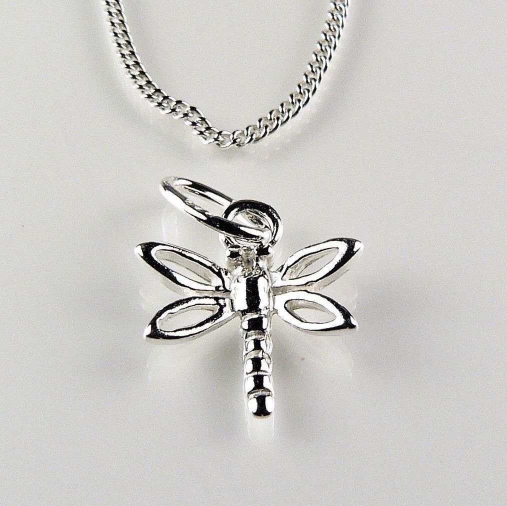 Sterling silver 10mm open dragonfly pendant, with/out 16" or 18" fine curb chain, in a gift box, with silver polishing cloth