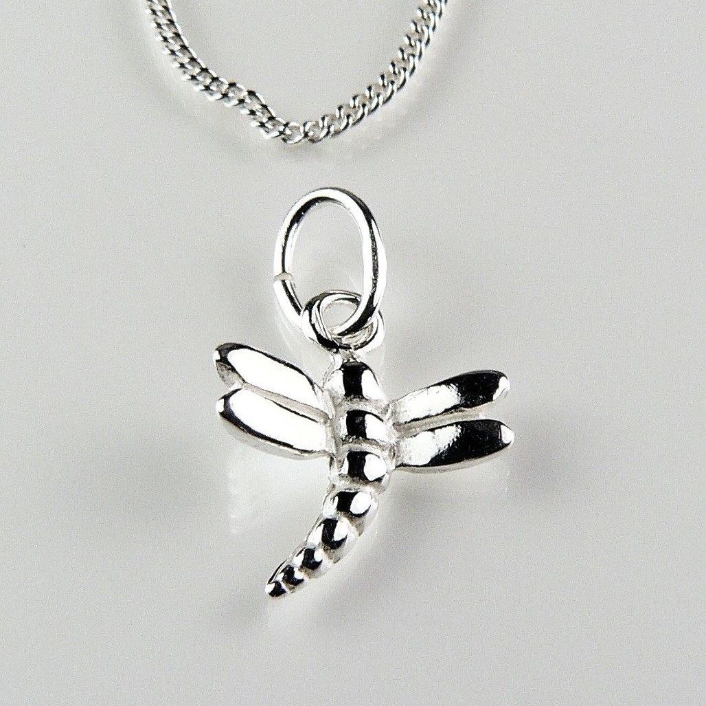 Sterling silver 10mm dragonfly pendant, with/out 16" or 18" fine curb chain, in a gift box, with silver polishing cloth