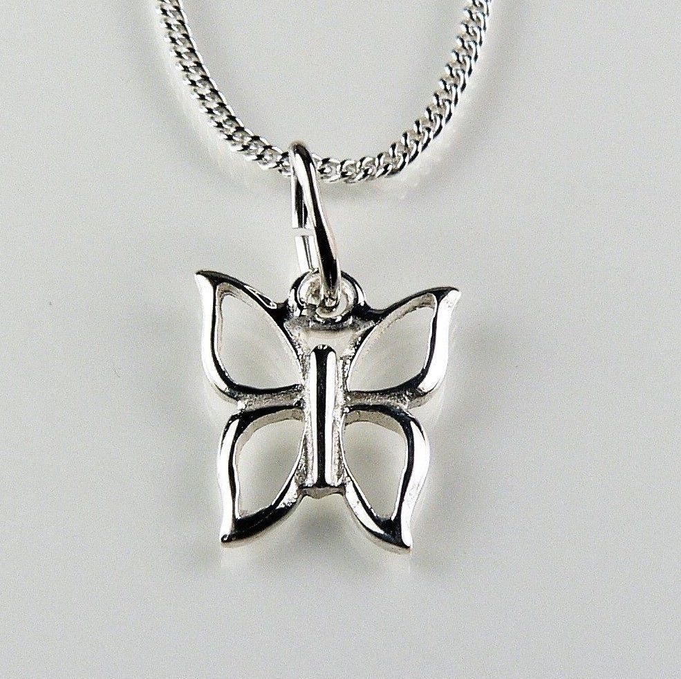 Sterling silver 10mm open butterfly pendant, with/out 16" or 18" fine curb chain, in a gift box, with silver polishing cloth