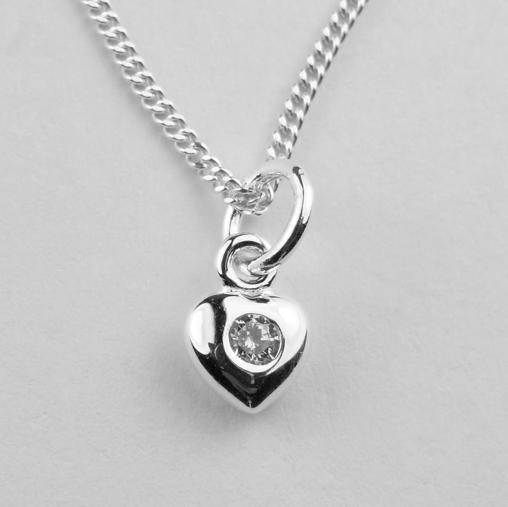 Dainty sterling silver 5mm puff heart pendant with Cubic Zirconia stone, with/out 16" or 18" fine curb chain, in a gift box, with silver polishing clo