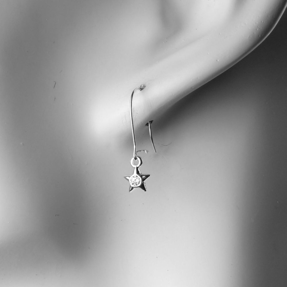 Sterling silver earrings with dainty 5mm stars with Cubic Zirconia stones, on either fish or kidney wires, in a gift box