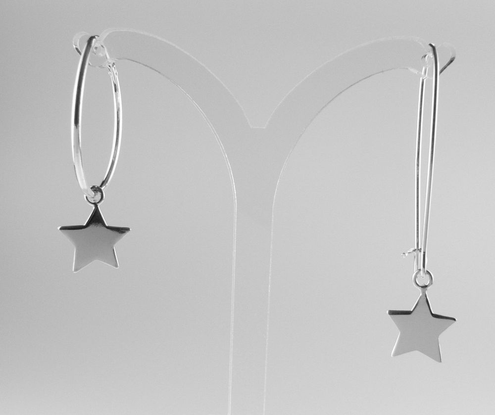 Sterling silver earrings with 10mm stars, on either hoop, kidney, french or fish wires, in a gift box