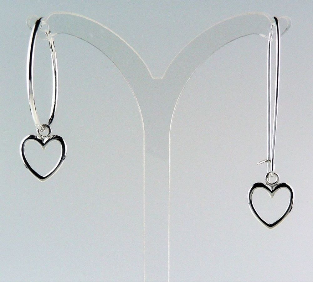 Sterling silver earrings with 12mm open hearts, on either hoop, kidney, french or fish wires, in a gift box