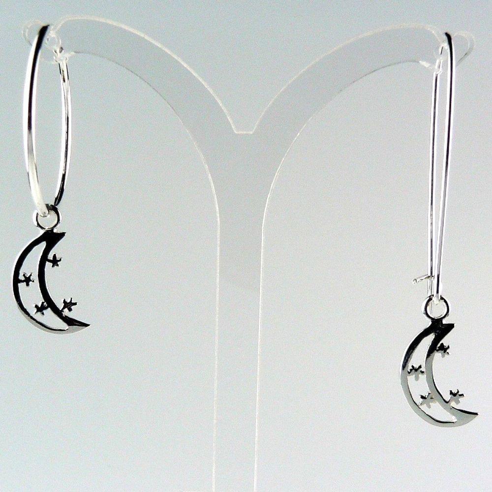 Sterling silver earrings with 16mm crescent moon with stars, on either hoop, kidney, french or fish wires, in a gift box