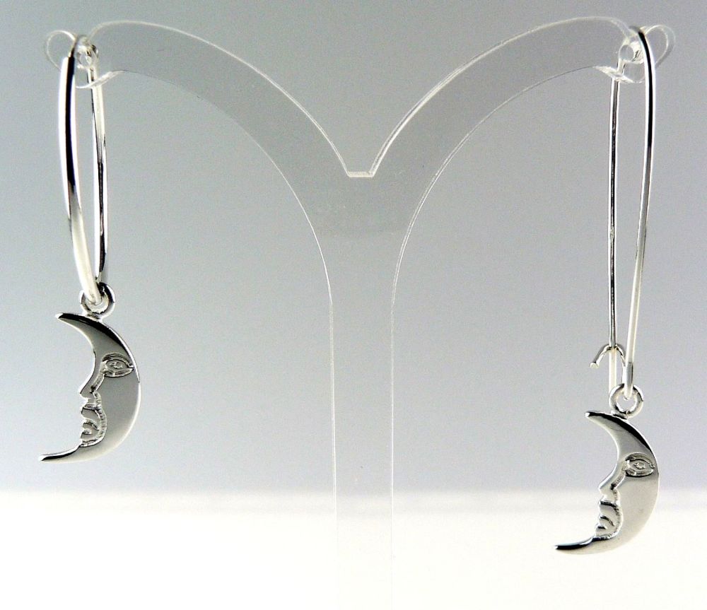 Sterling silver earrings with 17mm moon with a face charms, on either hoop, kidney, french or fish wires, in a gift box