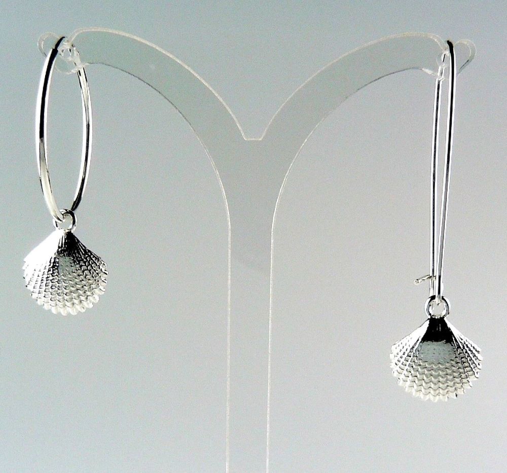 Sterling silver earrings with 14mm scallop shells, on either hoop, kidney, french or fish wires, in a gift box