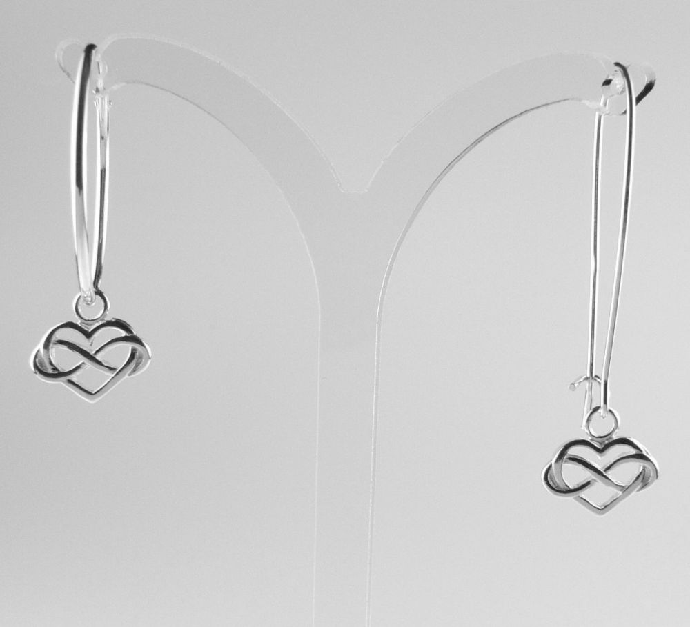 Sterling silver earrings with 11mm infinity heart charms, on either hoop or kidney wires, in a gift box