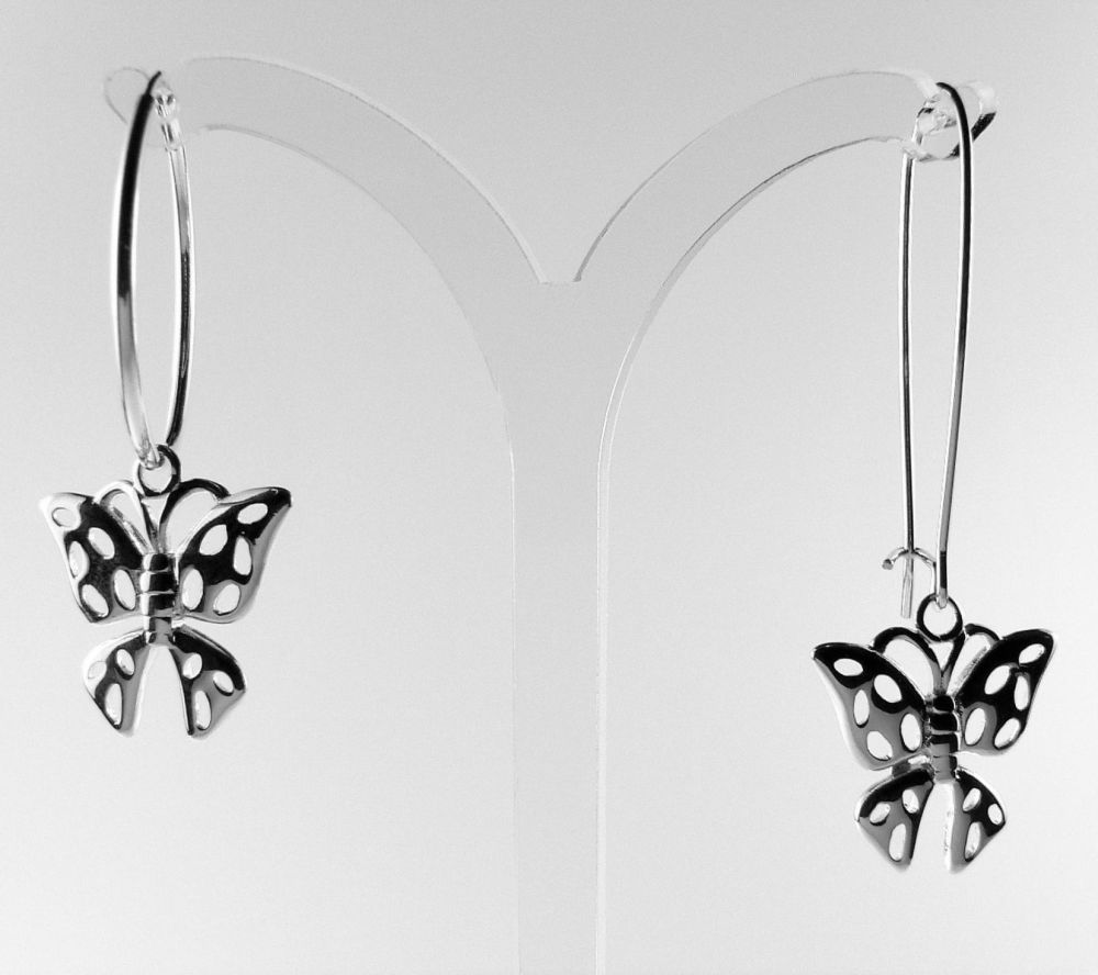 Sterling silver earrings with 18mm butterfly charms, on either hoop or kidney wires, in a gift box