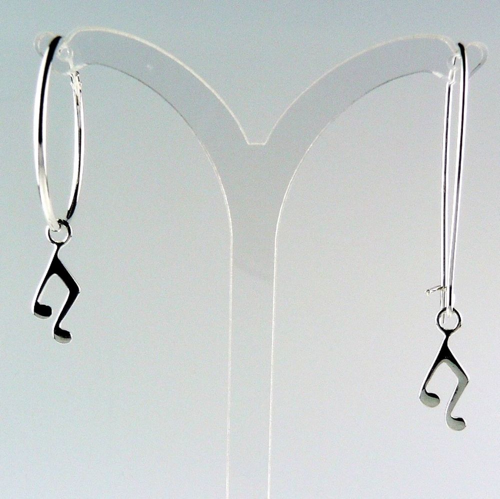 Sterling silver earrings with 15mm musical notes, on either hoop, kidney, french or fish wires, in a gift box