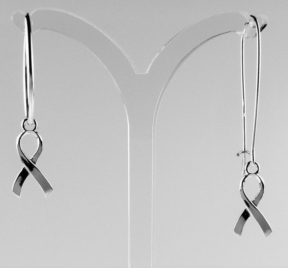 Sterling silver earrings with 17mm awareness ribbons, on either hoop, kidney, french or fish wires, in a gift box