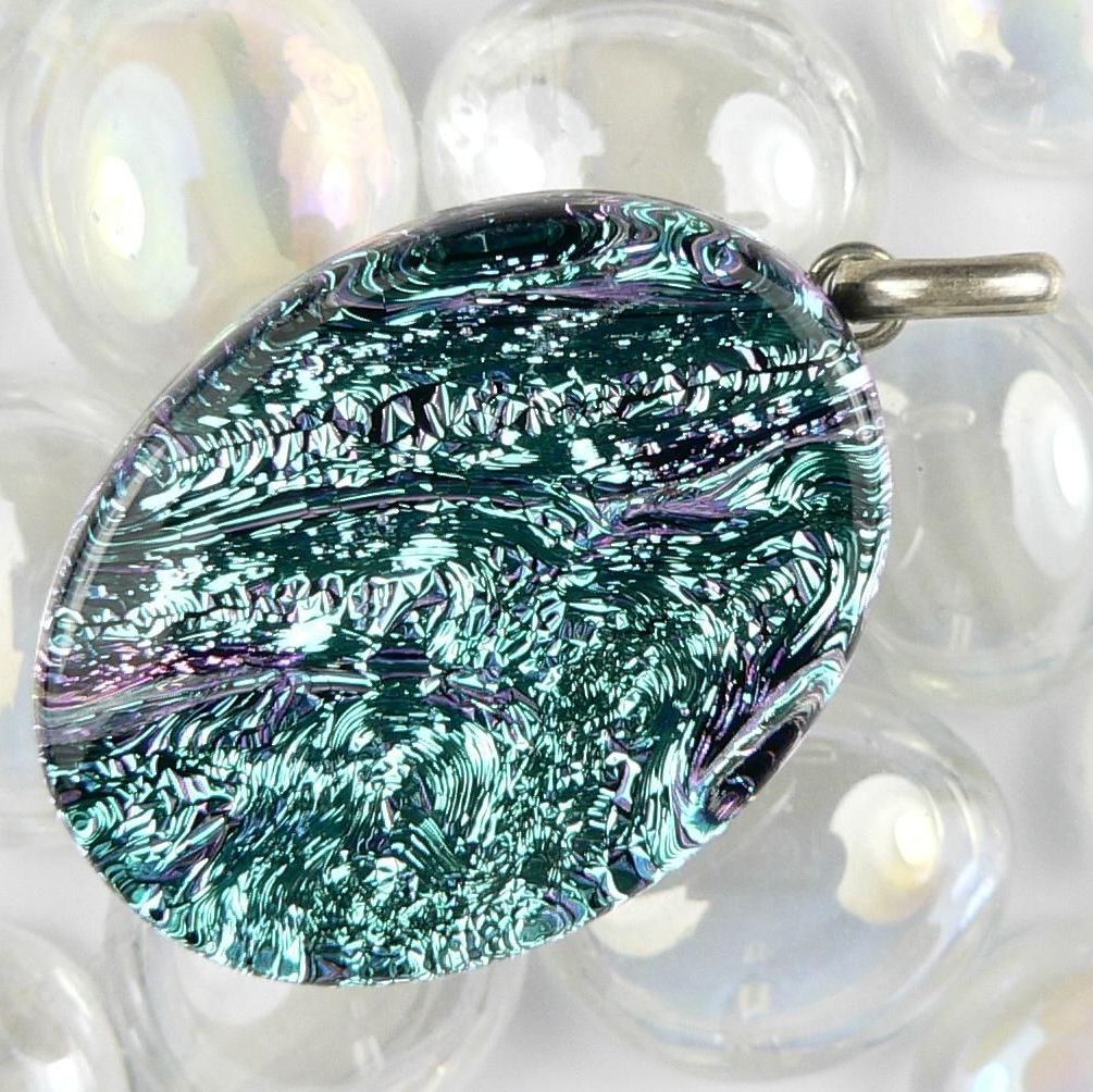 Handcrafted 3.8cm blue & pink veined genuine dichroic glass pendant