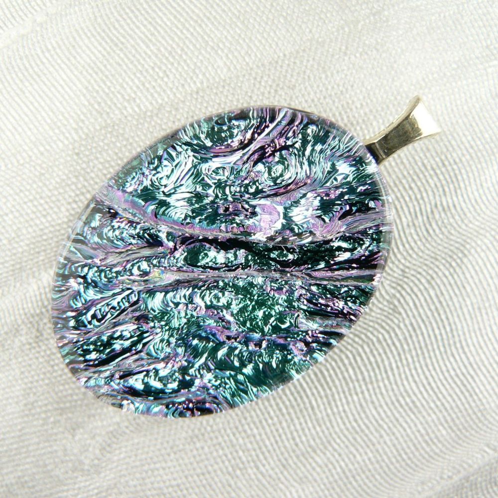 3.5cm blue & pink Dichroic glass pendant, oval shaped, with leather cord & gift box (#10729)