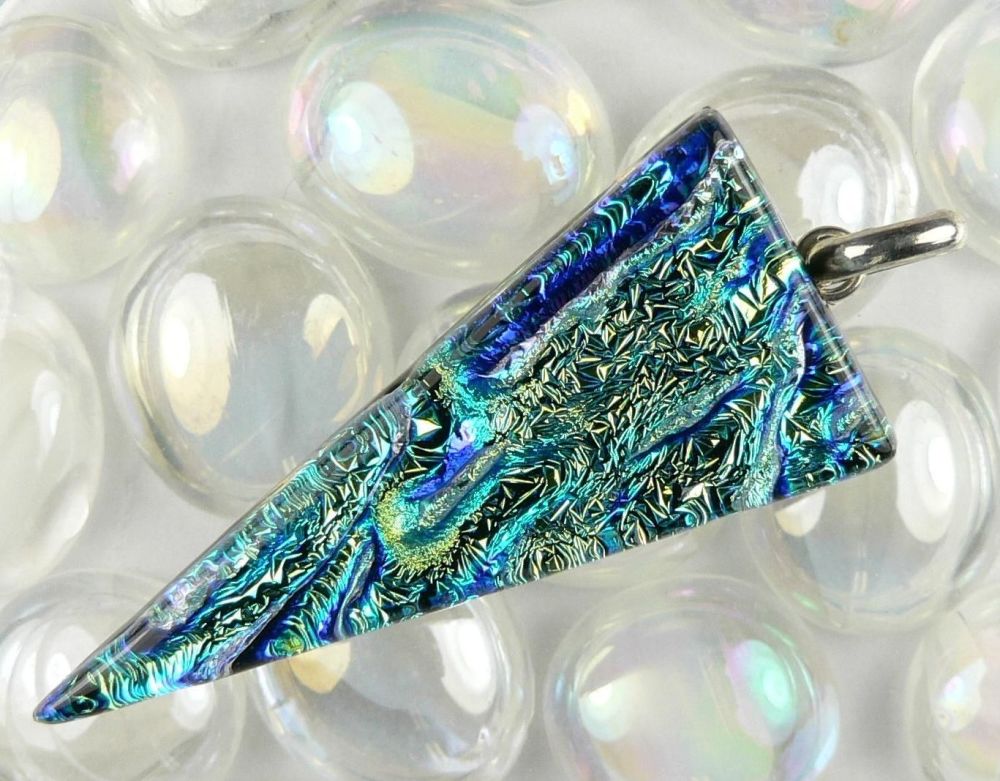 5.1cm green blue Dichroic glass pendant, with leather cord & gift box (#20446)