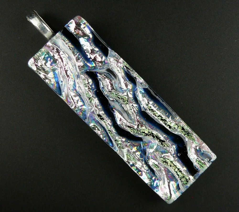 5.6cm dark blue and silver Dichroic glass pendant, with leather cord & gift box (#20959)