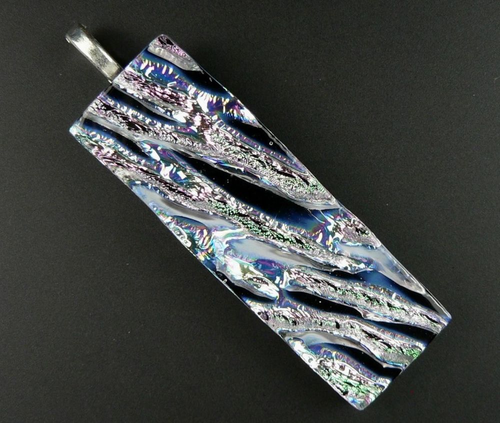 dark blue and silver dichroic glass pendant