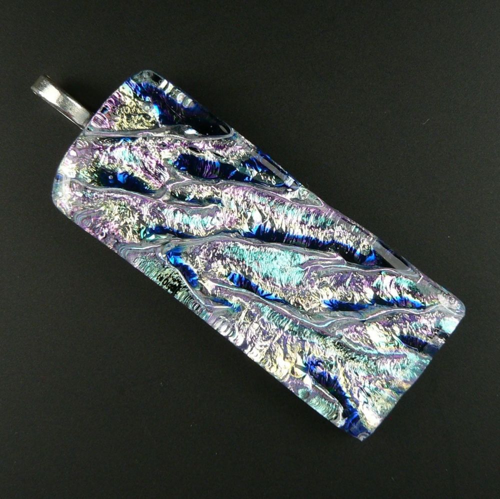 silver and dark blue dichroic glass pendant