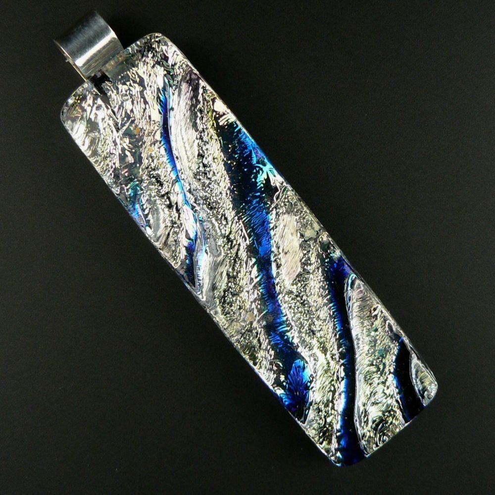 6.1cm silver and blue Dichroic glass pendant, with leather cord & gift box (#20822)