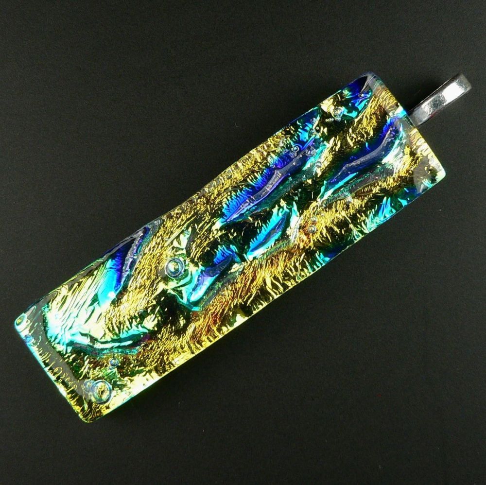 6cm yellowish-gold & blue Dichroic glass pendant, with leather cord & gift box (#21102)