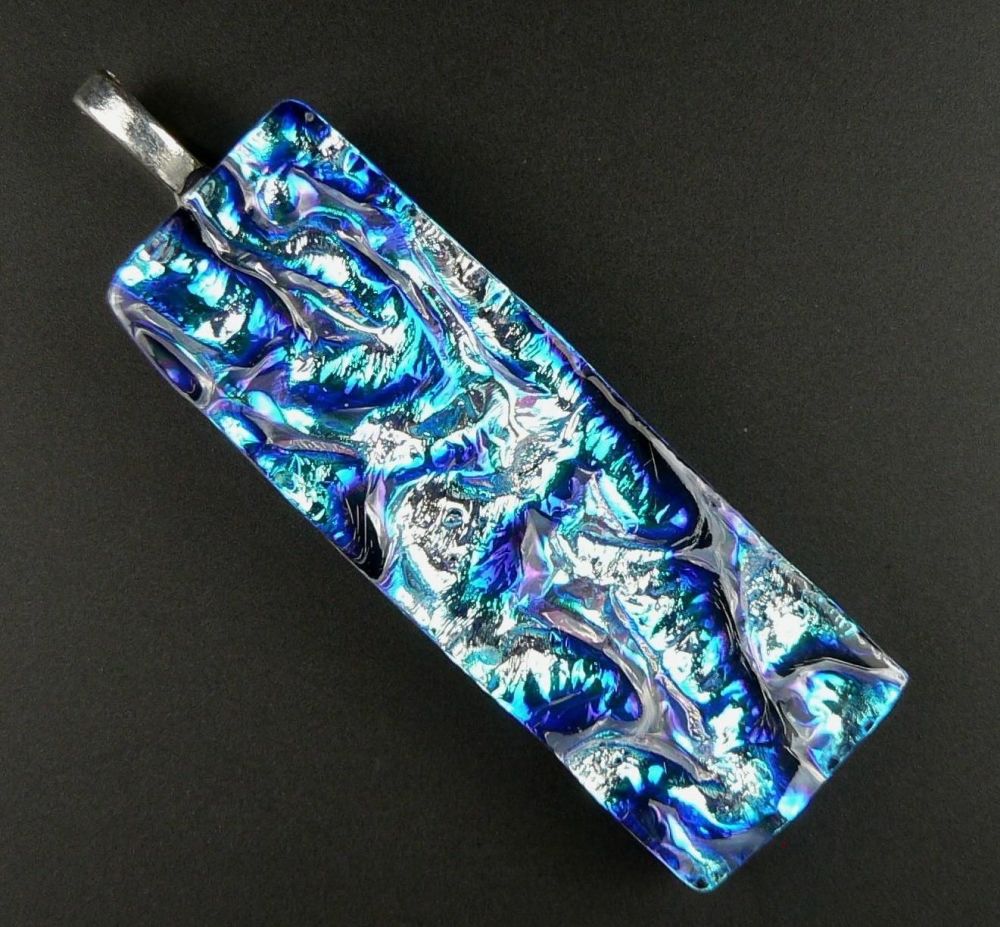 5.5cm blue & silver Dichroic glass pendant, with leather cord & gift box (#20995)