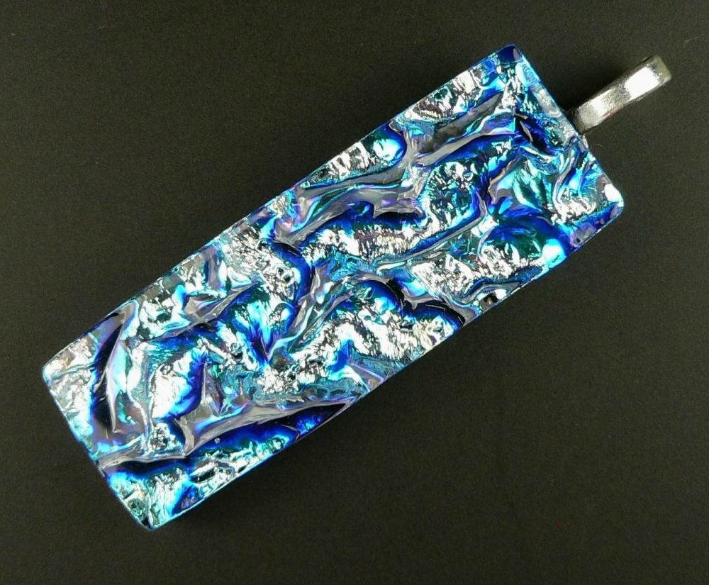 5.3cm blue and silver Dichroic glass pendant, with leather cord & gift box (#20360)