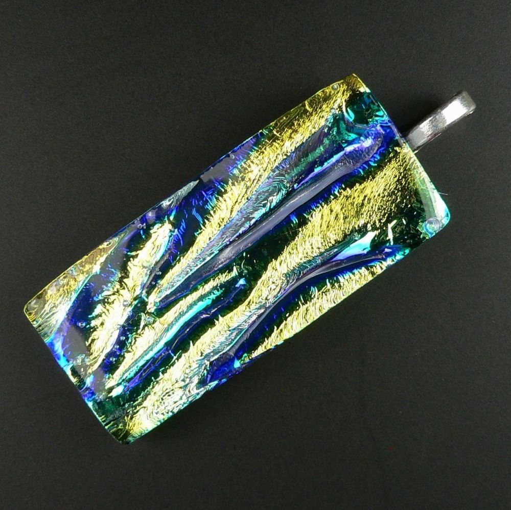 5cm yellow and blue Dichroic glass pendant, with leather cord & gift box (#20564)