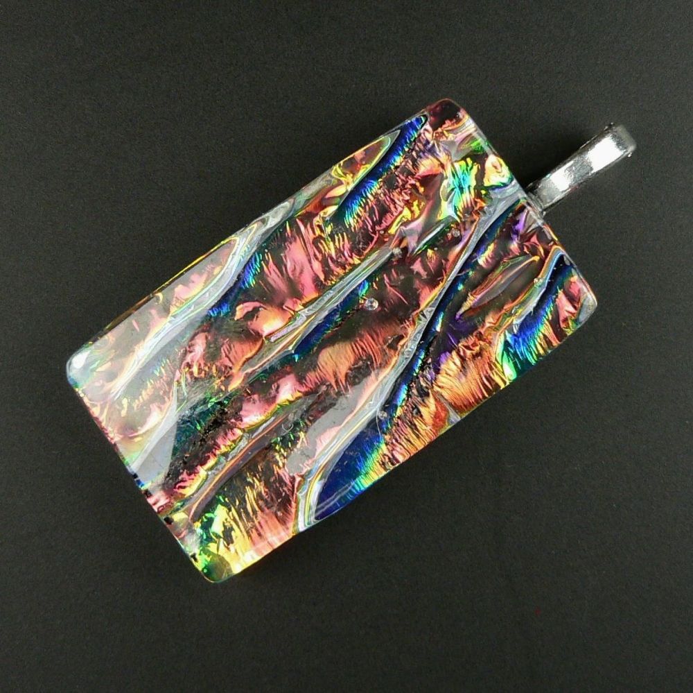 4.3cm multi-coloured veined Dichroic glass pendant, with leather cord & gift box (#20465)