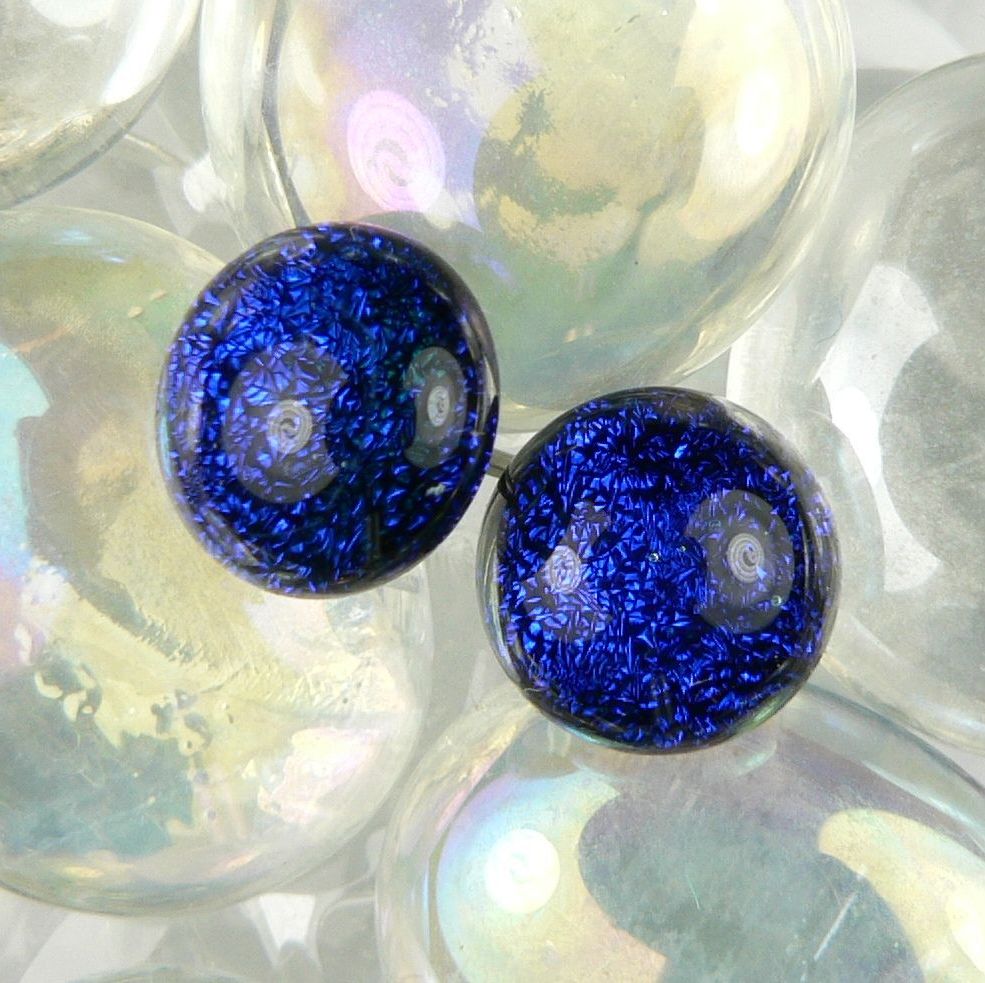 9mm blue genuine Dichroic glass stud earrings with hypoallergenic titanium posts (#10929)