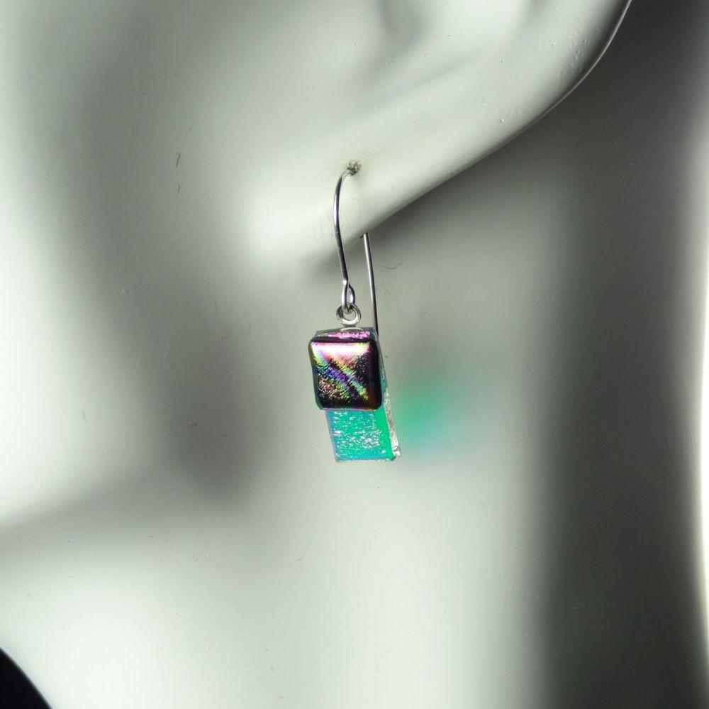 Multi-coloured genuine Dichroic glass drop earrings with sterling silver wires (#8827)