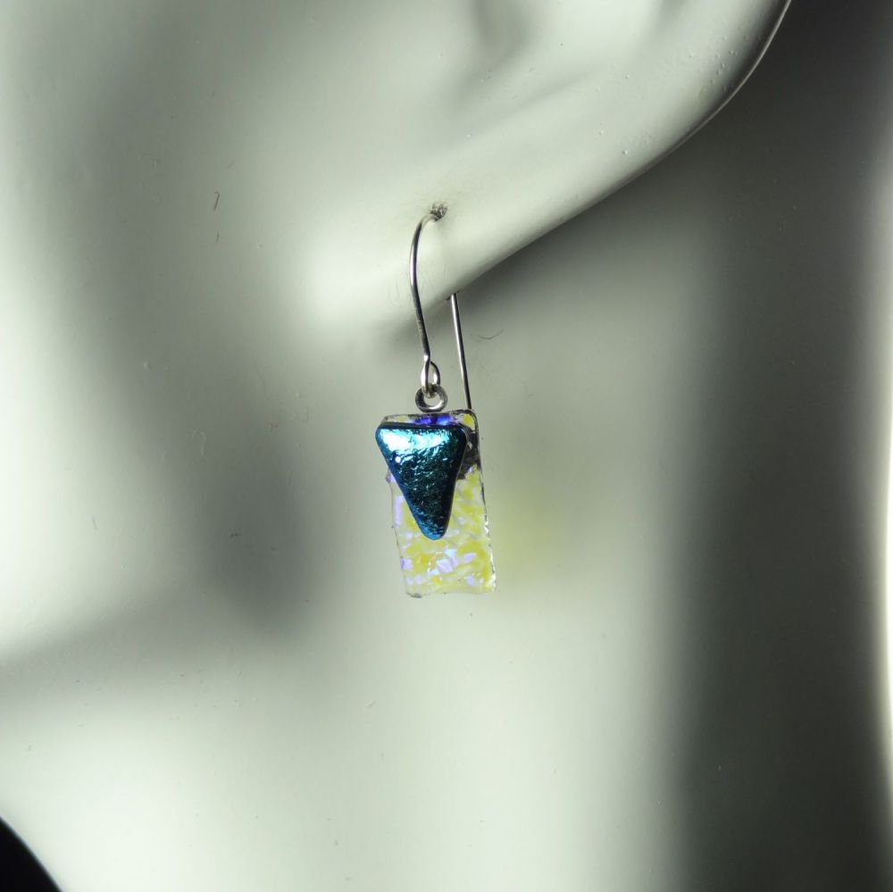 Dark turquoise genuine Dichroic glass drop earrings with sterling silver wires (#8772)