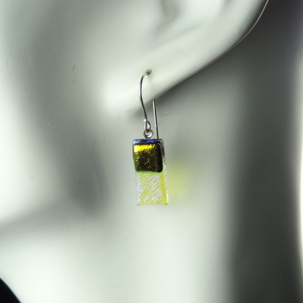 Yellow-ish genuine Dichroic glass drop earrings with sterling silver wires (#20383)