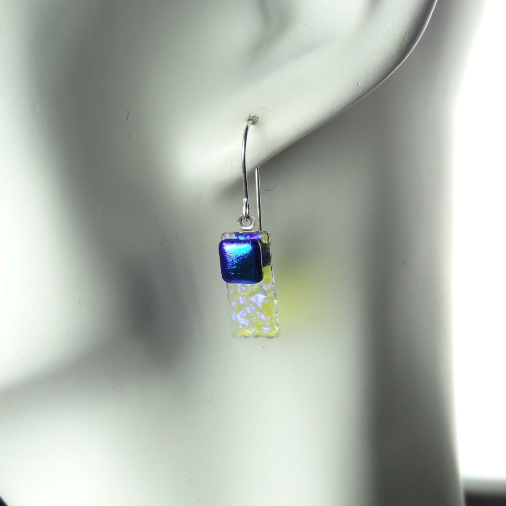 Blue genuine Dichroic glass drop earrings with sterling silver wires (#8814)