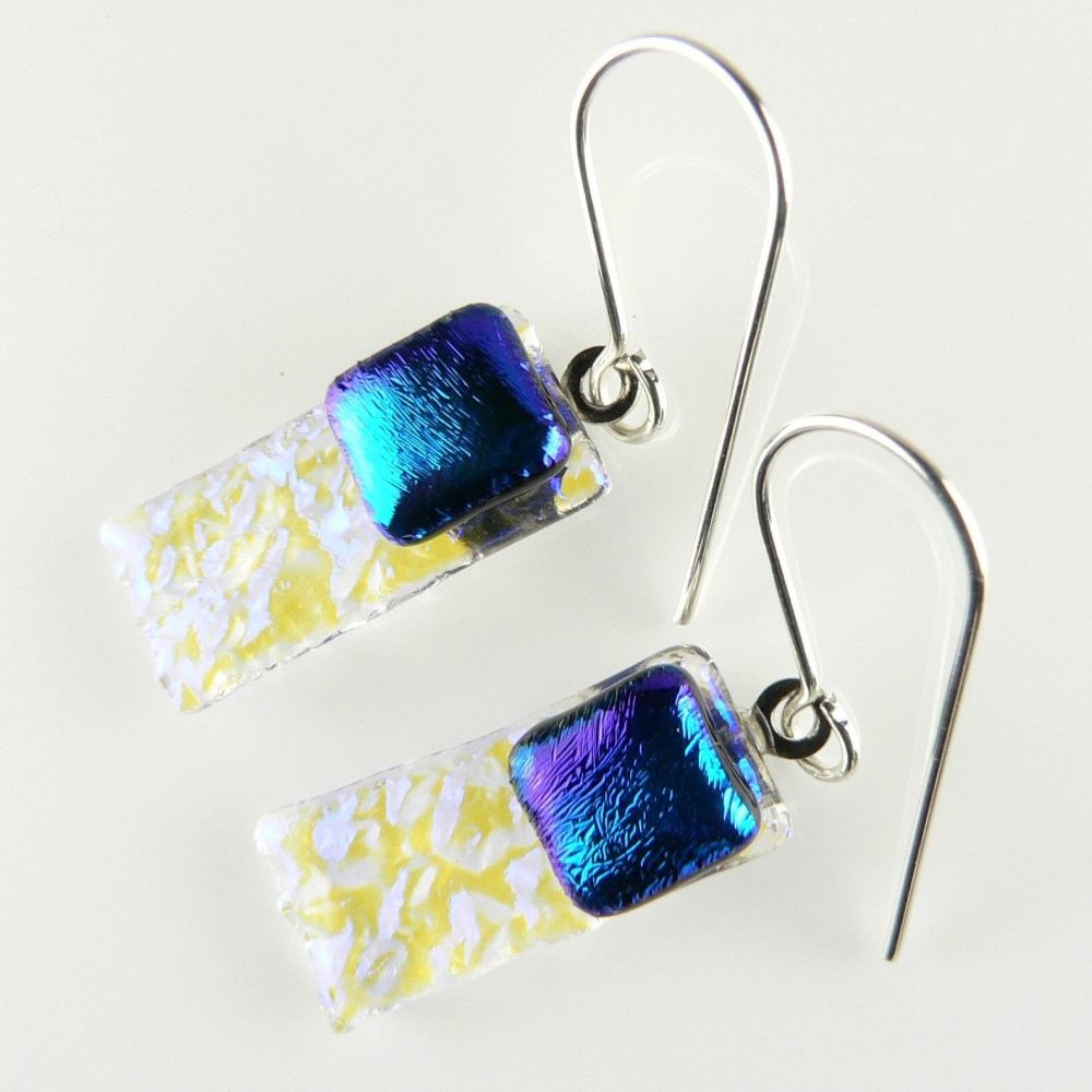 Blue genuine Dichroic glass drop earrings with sterling silver wires (#8814)