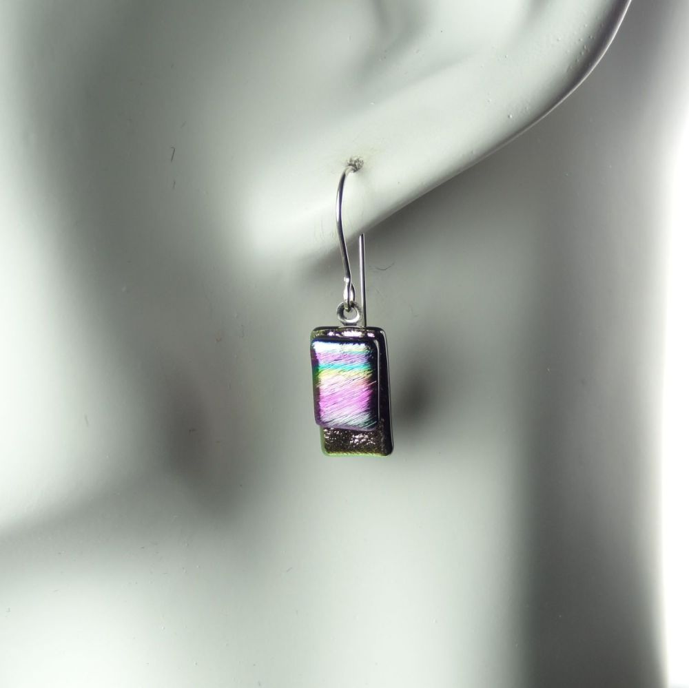 Multi-coloured genuine Dichroic glass drop earrings with sterling silver wires (#8777)