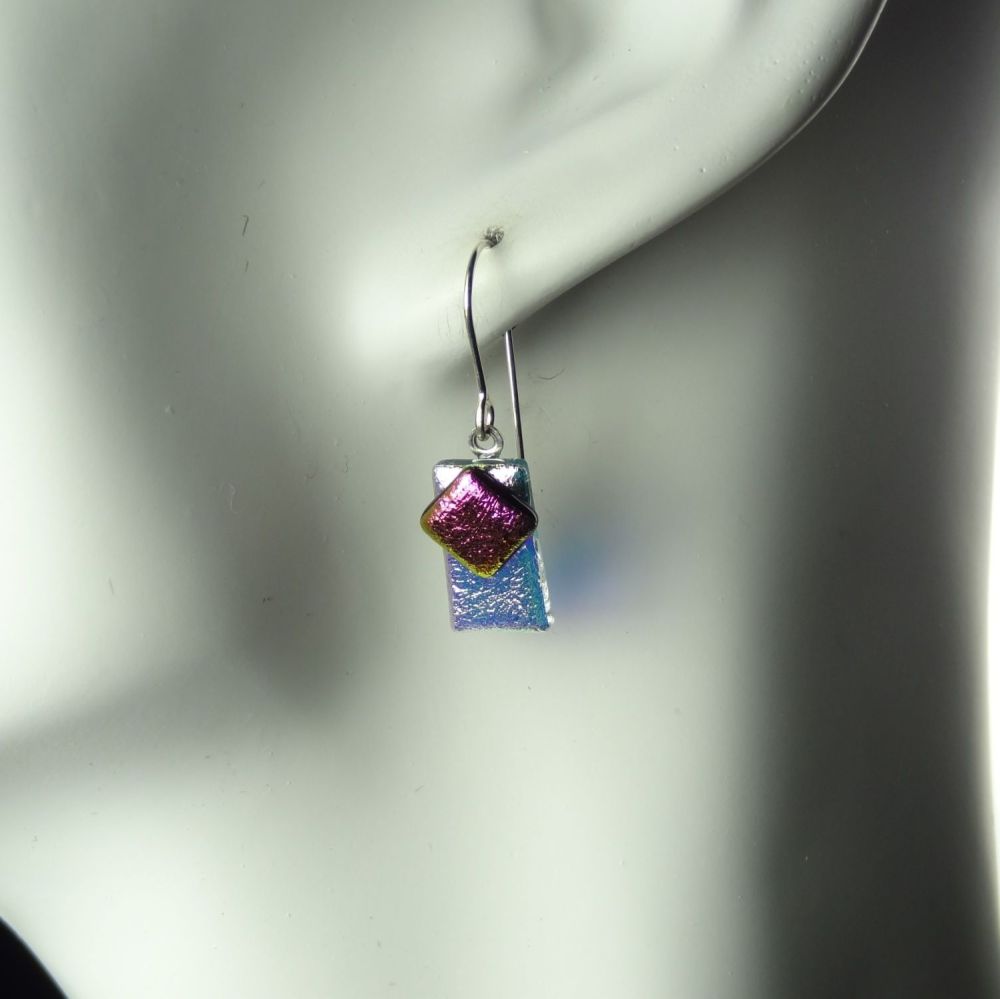 Pink genuine Dichroic glass drop earrings with sterling silver wires (#8836)