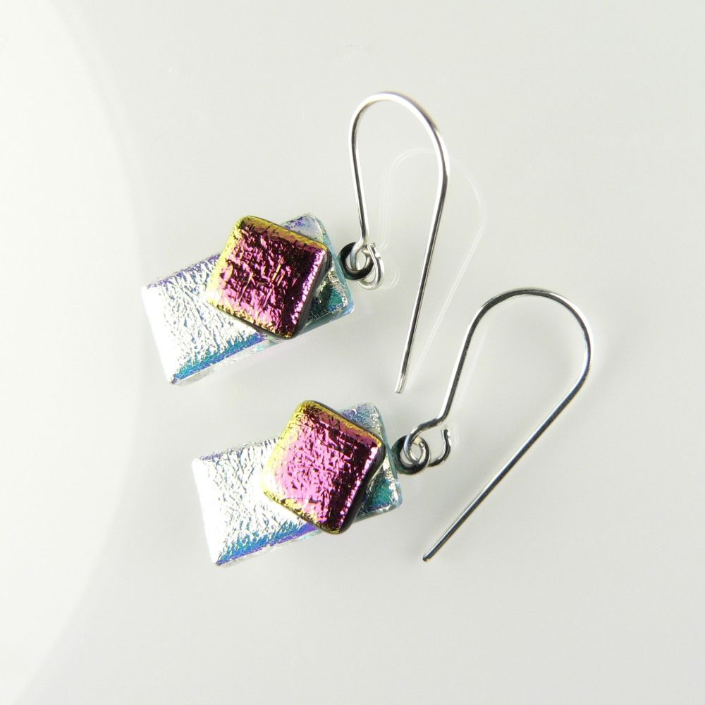 Pink genuine Dichroic glass drop earrings with sterling silver wires (#8836)