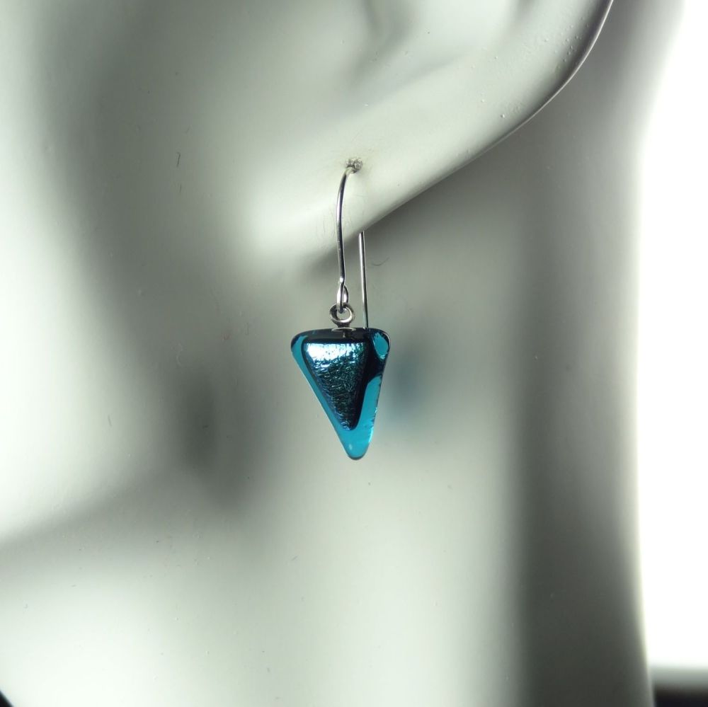 2 shades of blue genuine Dichroic glass drop earrings with sterling silver wires (#8749)