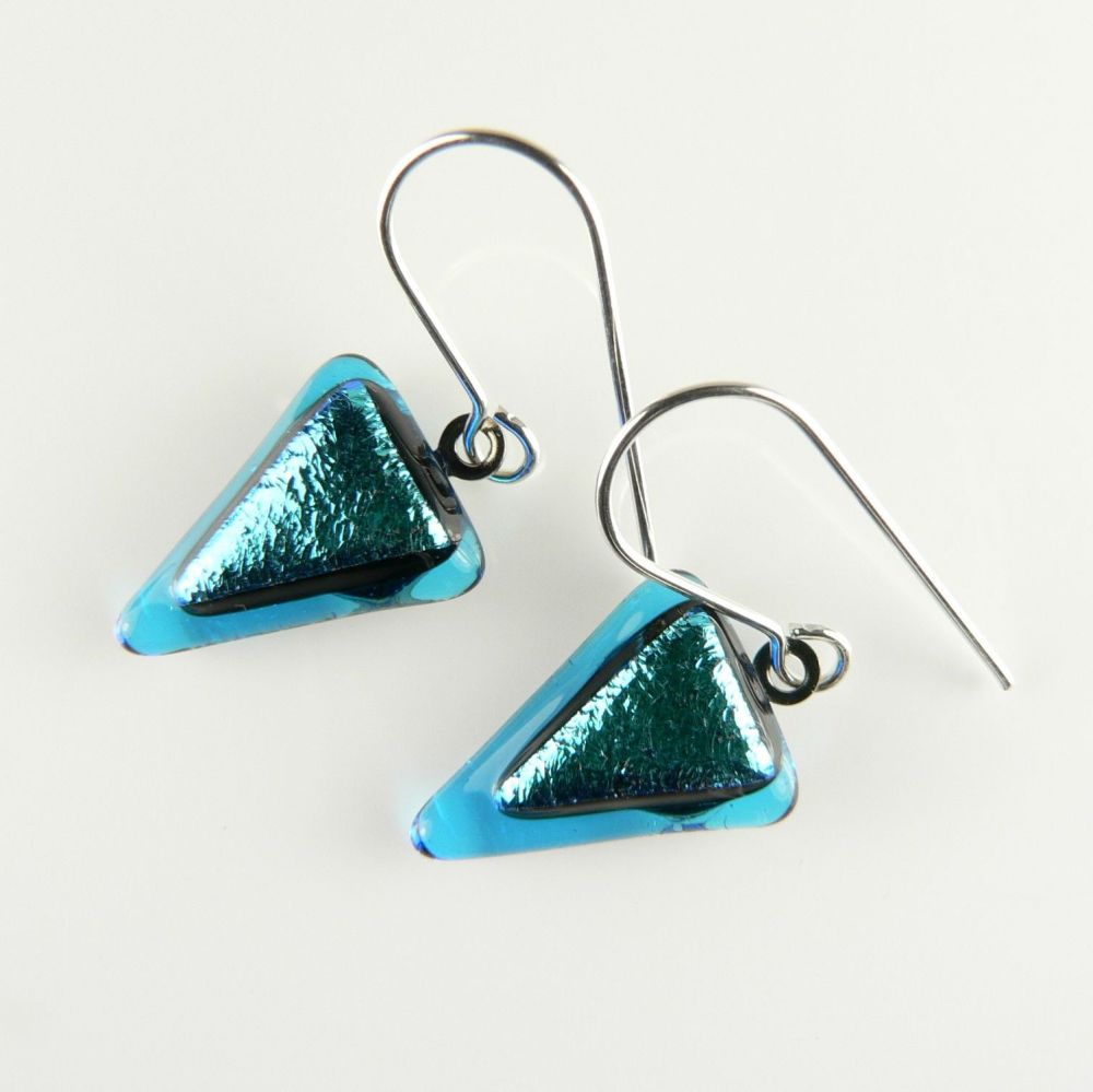 2 shades of blue genuine Dichroic glass drop earrings with sterling silver wires (#8749)