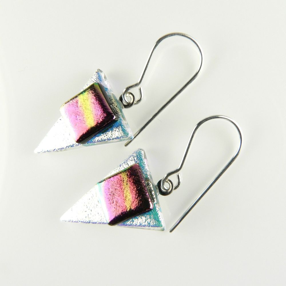 Multi-coloured genuine Dichroic glass earrings with sterling silver wires (#8841)