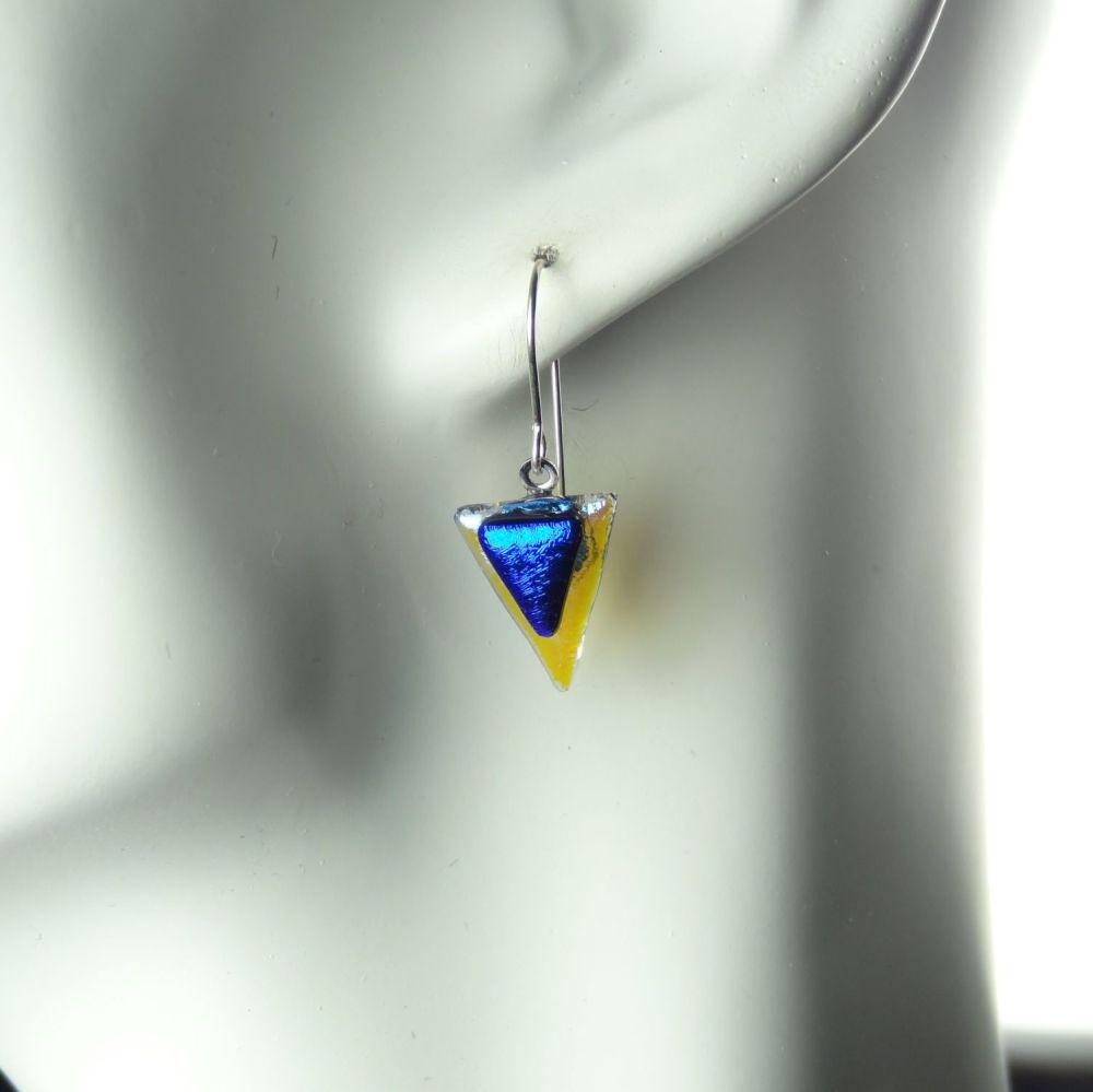 Blue genuine Dichroic glass drop earrings with sterling silver wires (#8809)