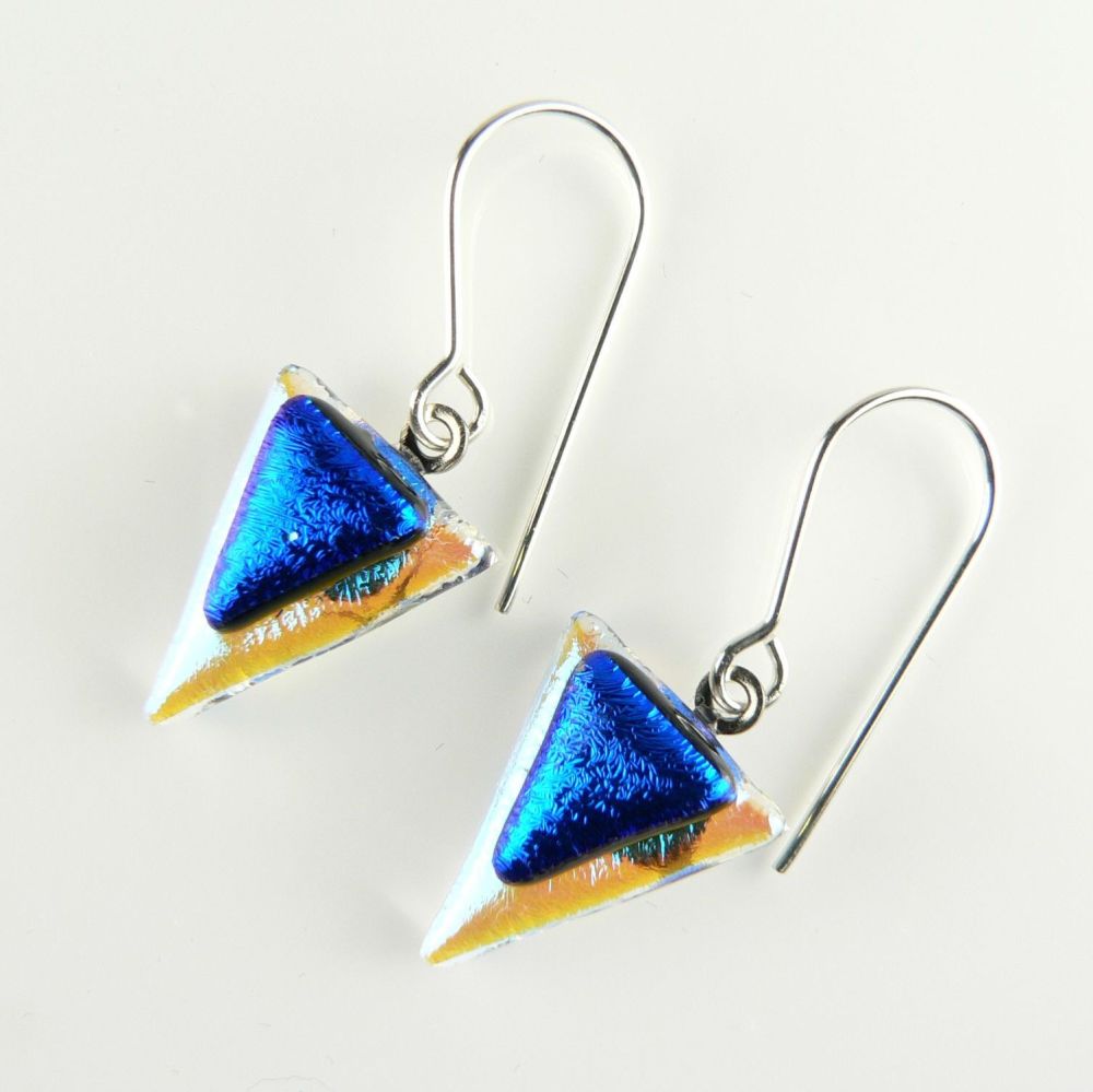 Blue genuine Dichroic glass drop earrings with sterling silver wires (#8809)