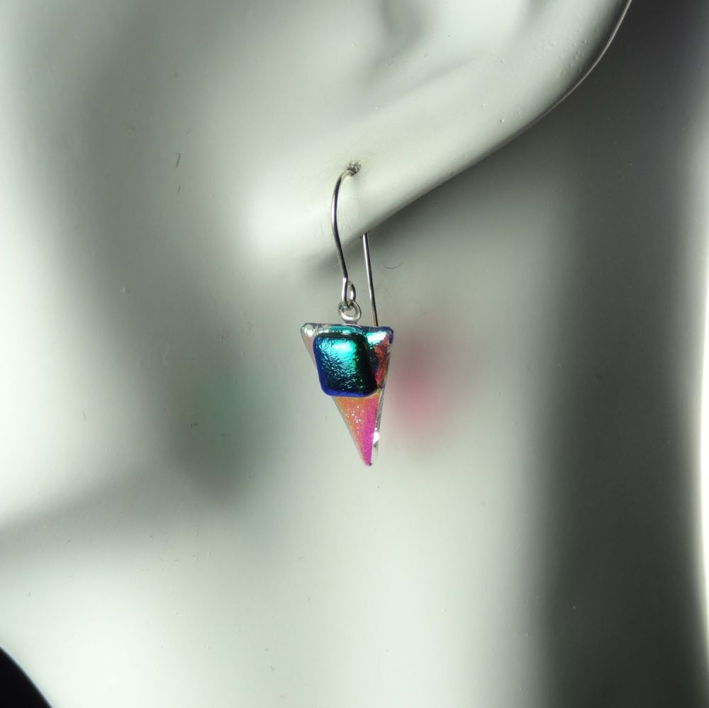 Dark turquoise genuine Dichroic glass drop earrings with sterling silver wires (#8844)